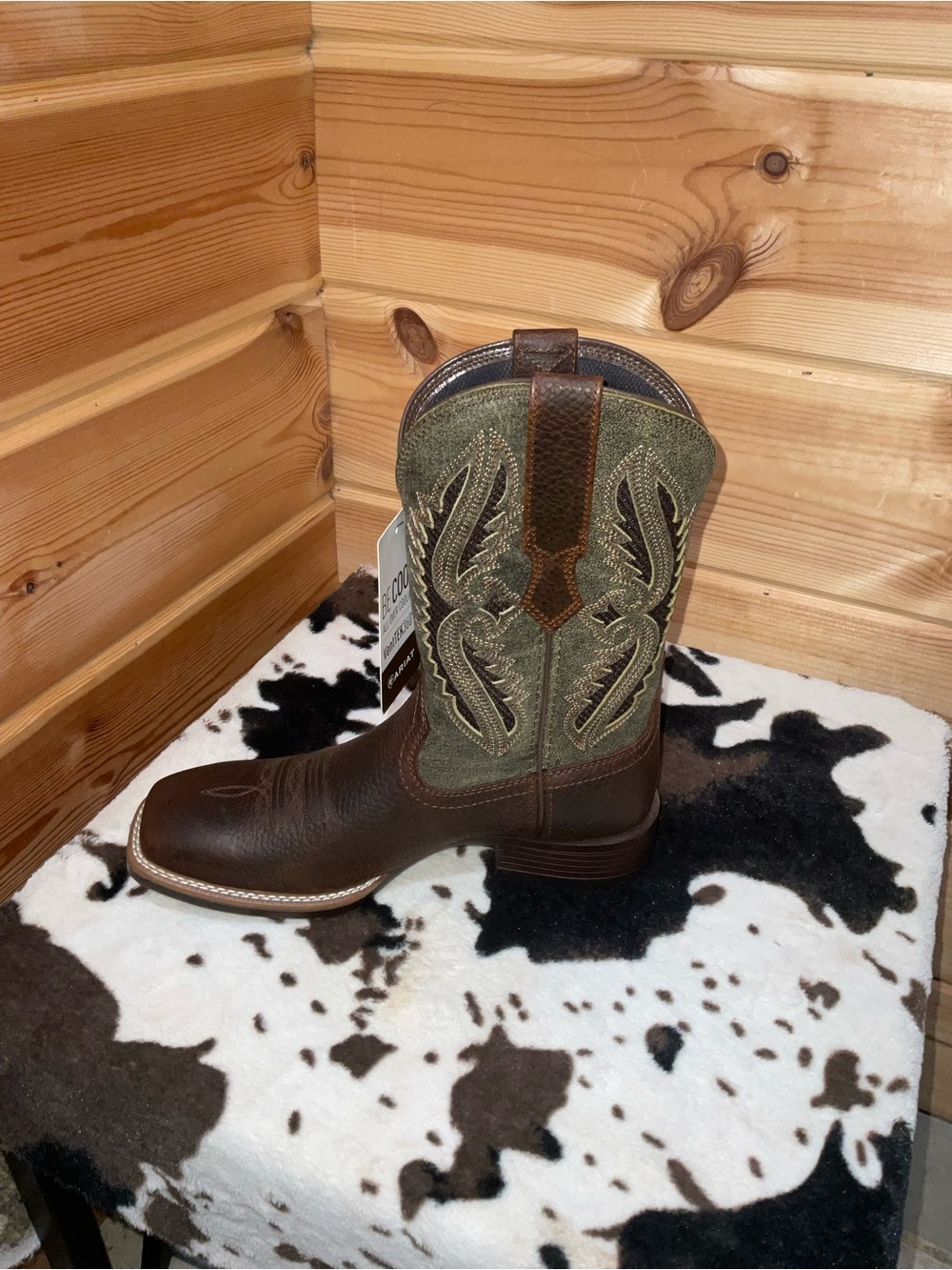 Ariat Brown Foot & Olive Green Embroidered Shaft Cowboy Boots